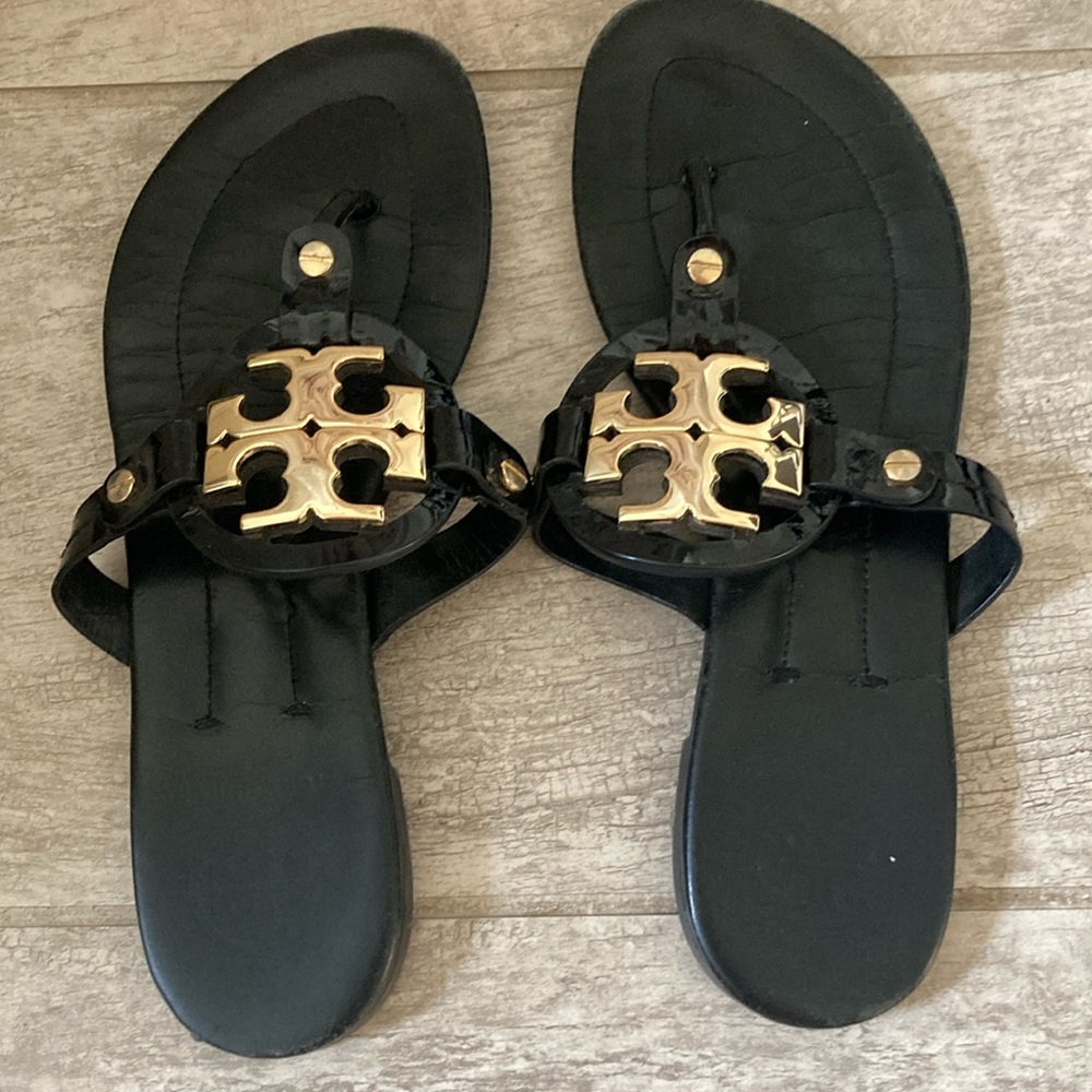 Tory Burch Black and Gold Thong Sandals